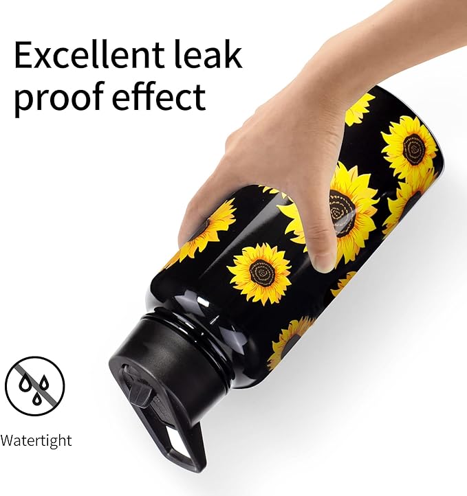 32oz Sunflower Vacuum Insulated Stainless Steel Water Bottles with Straw & Spout Lids, Double Wall Sport Bottle, Sweat-Proof BPA Free, Canteen Metal Thermo Mug Hydro Cup Jug, Sunlfower Gift