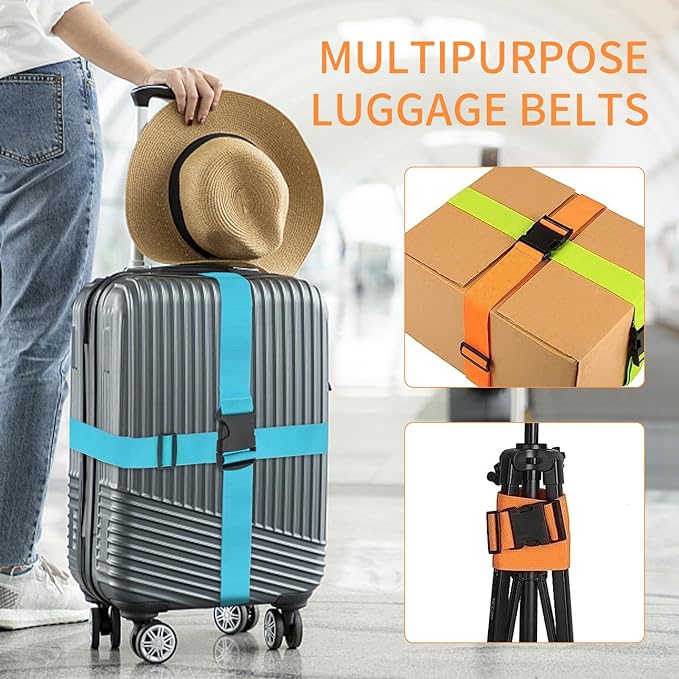 BILIONE Luggage Straps, 79" Long Belts Keep Suitcase Secure While Traveling, TSA Approved Add a Bag Premium Accessory for Travel Bag Closure (Blue+Orange+Rose Pink+Green, 8Pcs)