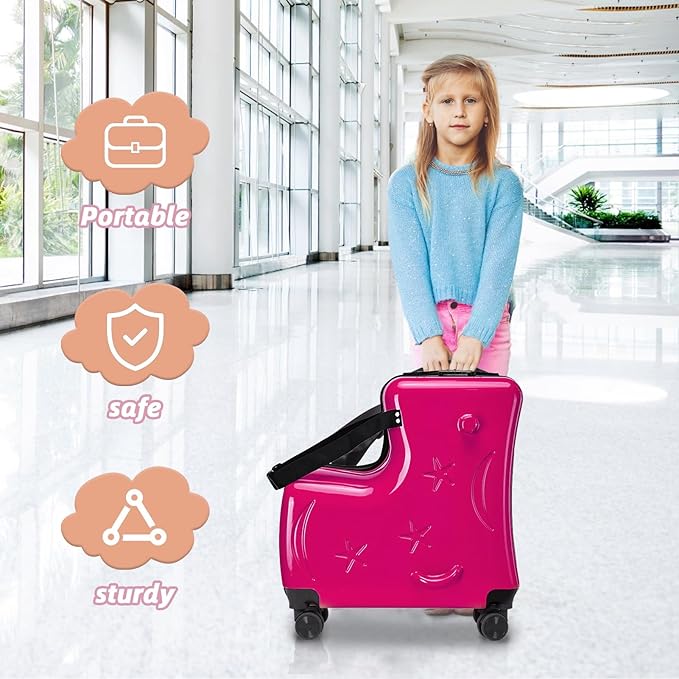 Kids Ride On Suitcase with Wheels, Scooter Luggage for Toddlers Travel, Durable Children's Suitcase for Boys & Girls Ages 2-15 Years Rose Red