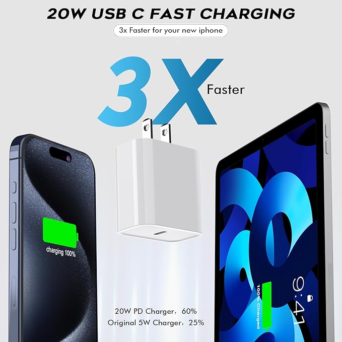 10Foot USB C Charger for iPhone 16 Charger, 2Pack 20W Type C Charging Block Long 10FT USB C Cord Cable Fast Charging for Apple iPhone 16/16e/16 Pro/16 Plus/16 Pro Max/15/15 Plus, iPad mini/iPad Air