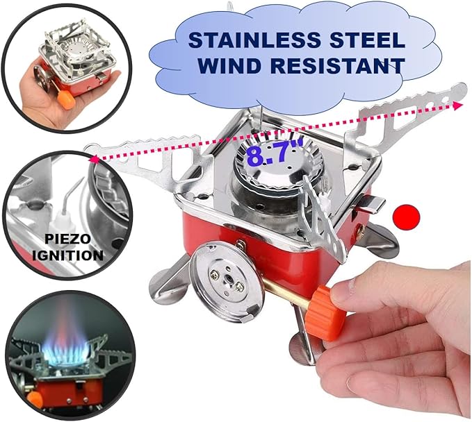 Camping Stove, Backpacking Stove, Foldable, Portable, Lightweight, Piezo Ignition, Single Burner Adjustable, Premium Mini Powerful and Stable Camp Stove for Hiking Picnic, 1+2+1+1pcs