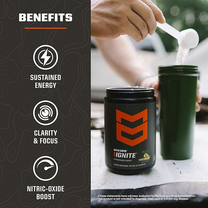 MTN OPS Ignite Energy Drink Powder, Naturally Gluten Free & Sweetened with Monk Fruit, Nitric Oxide Supplement Drink Mix, Caffeine & Nootropic Sugar Free Drink Mix, 45 Servings, Peach Lemonade