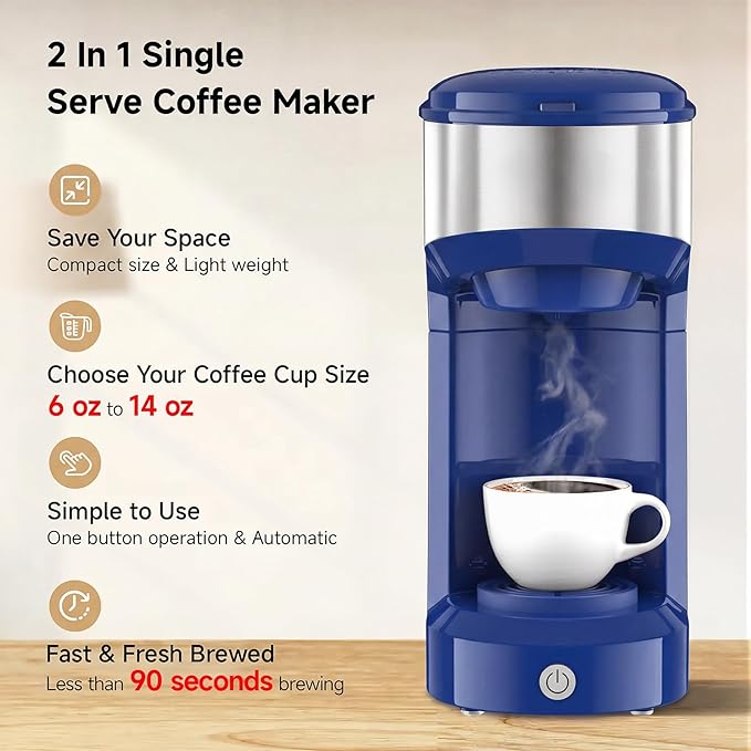 Single Serve Coffee Maker, 2 in 1 Brewer for K Pod & Ground Coffee, 90s Rapid Brew 6 to 14oz Capacities with Auto Shut Off, Small Compact Design for Home Office Travel Camping (Dark Blue)