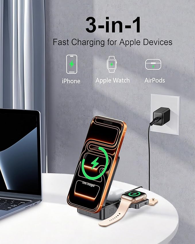 Foldable 3-in-1 Wireless Charger for Apple Devices, Qi2 15W Magnetic Fast Charging Dock for iPhone 17/16, Apple Watch, AirPods and More, (45W USB-C Charger & 5ft Type-C Cable Included)