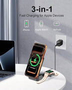 Foldable 3-in-1 Wireless Charger for Apple Devices, Qi2 15W Magnetic Fast Charging Dock for iPhone 17/16, Apple Watch, AirPods and More, (45W USB-C Charger & 5ft Type-C Cable Included)