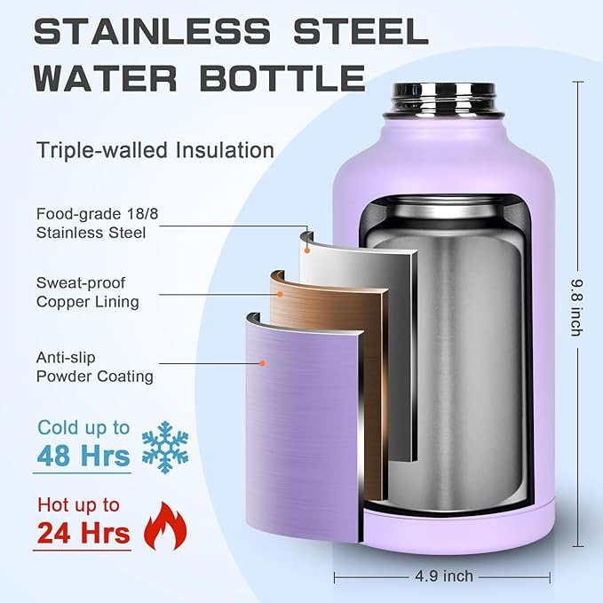 Insulated Water Bottle 64 oz, Half Gallon Water Jug Cold 48H, BPA Free Stainless Steel Bottles with Straw/Chug 2-in-1 Lid, Bag, Paracord Handle, Silicone Boot, Sports Gym School Metal Flask
