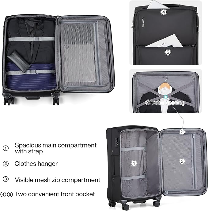 Hanke 24 Inch Luggage Expandable Softside Checked Suitcases with Spinner Wheels, Upright Rolling Luggage Suitcases Travel TSA Luggage Bag for Women Men(Black)