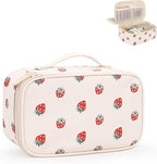 Relavel Makeup Bag, Small Makeup Bag for Women, Travel Cosmetic Bag, 2 Layers Waterproof Makeup Organizer Storage with Makeup Brush Holder, White Straberry
