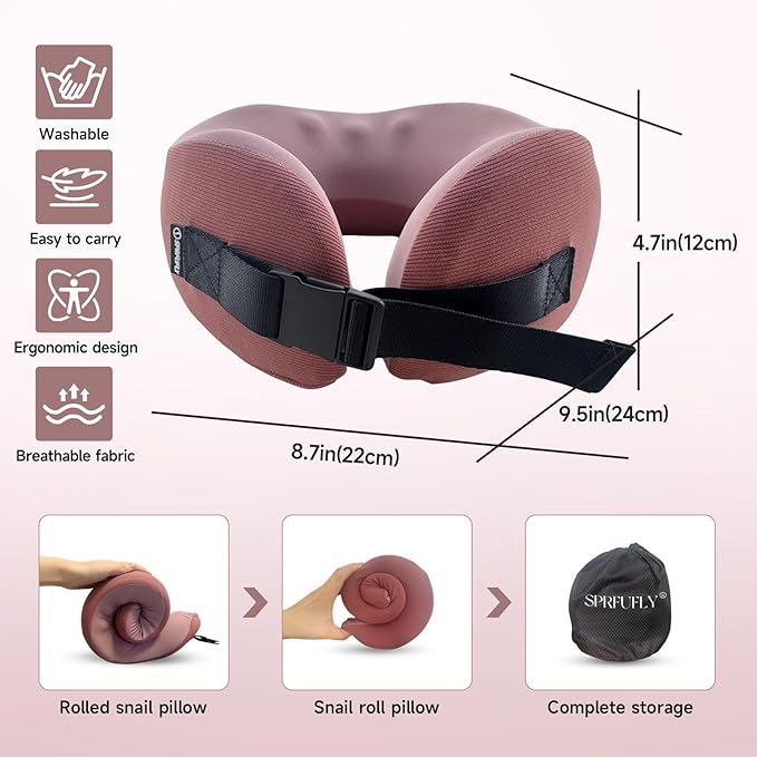 SPRFUFLY Travel Pillow 100% Memory Foam - Neck Pillow for Sleeping, Airplane Pillow with Sleep Mask & Earplugs, Travel Essentials Neck Pillow for Traveling, Long Flights, Train & Office Use(Soft Pink)