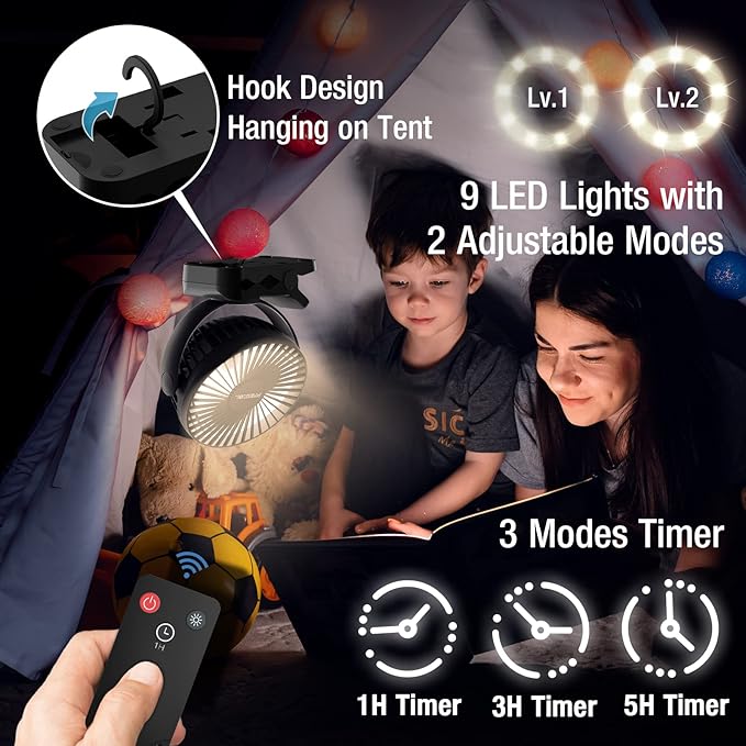 Portable Clip on Fan 65 Working Hours, Camping Fans with LED Lights & Hook, 12000 Capacity Battery Operated Fan with Clamp, USB Rechargeable for Desk, Tent, Treadmill, Stroller, Golf Cart, Home