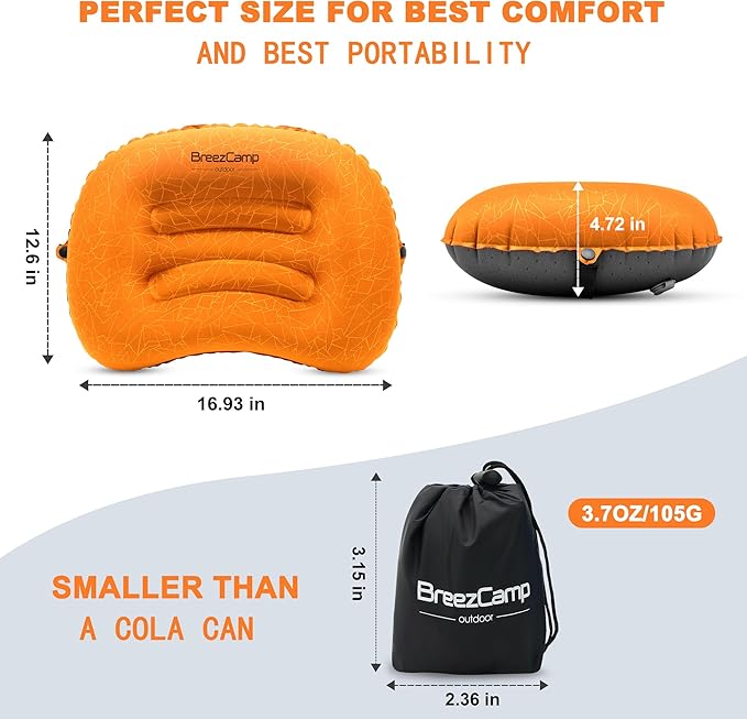 Inflatable Camping Pillow, Travel Blow Up Air Pillow, Neck Lumbar Support Ultralight Compact Pillow for Outdoor Hiking Backpacking Car Beach Airplane Sleeping Essentials, Orange