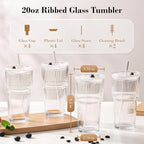 GOSCHE 20oz Glass Tumblers with Straws and Lids, Ribbed Iced Coffee Cups Leak-proof, Dishwasher Safe, Thickened Glass Cups with Lids Ideal for Coffee and Travel, Clear, 4 Pack