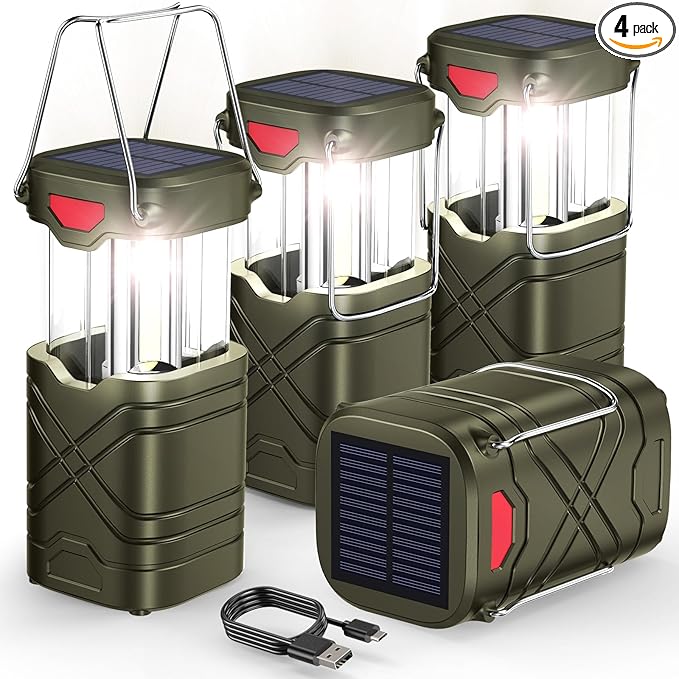 LETMY 4 Pack Camping Lantern, Rechargeable LED Lanterns, Solar Lantern Battery Powered Hurricane Lanterns Flashlight with 3 Powered Ways & USB Cable for Emergency, Power Outage, Hurricane Supplies