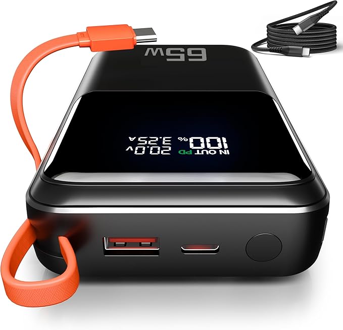 65W Portable Laptop Charger - 27,000mAh Power Bank with Built-in USB-C Cables, 3-Port 130W Total Fast Charging for MacBook/iPhone/Steam Deck|TSA-Approved Travel Essential Airplane Safe Battery Pack