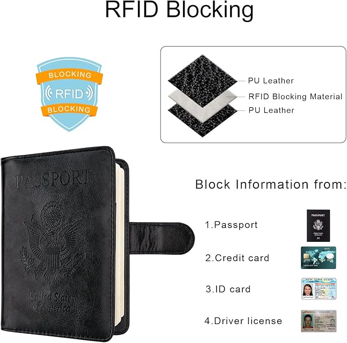 WALNEW Passport Holder for Travel, RFID Passport Cover Wallet for Women Men, PU Leather Passport Book Card Holder Case with Pen (Buckle Closure, Buckle-Black)