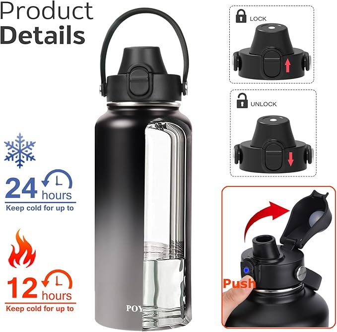 Water Bottle Insulated 32oz 40oz 64oz 128oz Straw Lid Spout Lid & 3 Lids, Leak Proof, Vacuum Insulated,Stainless Steel Water Bottle Wide Mouth for Sports, Gym or Office