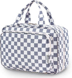 Narwey Travel Toiletry Bag for Women Large Hanging Makeup Bag Organizer Toiletries Bag for Full Size Essentials Accessories Cosmetics (Grayish Blue Checkerboard (Large))