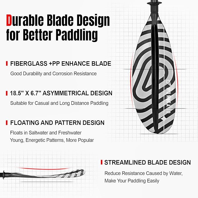 Kayak Paddles with Fiberglass Shaft and Reinforced PP Blade, Floating Adjustable Kayaking Oars, 3 Piece, 220-240 cm/86-94 Inches, 240-260 cm/94-102 Inches