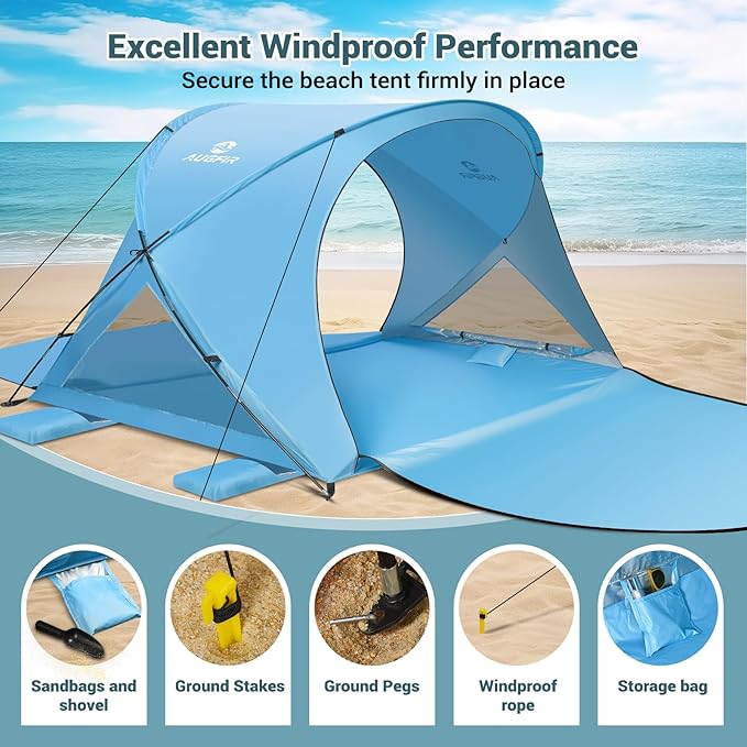 Beach Tent Sun Shelter, Beach Tent with Beach Mat Set, 4 Person Portable Beach Shade Canopy with UPF 50＋ UV Protection, Dual-Door Ventilation Design, Easy Setup Family Beach Umbrella (Blue)