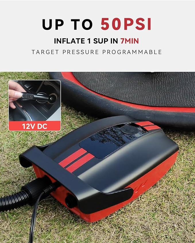 ZFOX 50PSI Paddle Board Pump, Portable Electric SUP Pump with Auto-Shutoff & Cooling Fan – Smart Inflation for Paddle Board, 9 Nozzles, HD LCD Display, 12V DC (Red-M)