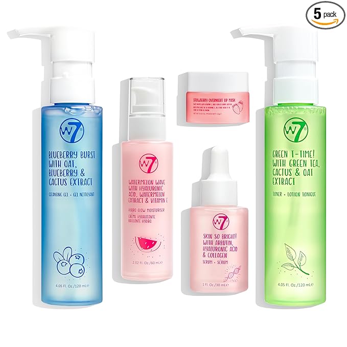 W7 Self Care Skincare Set | Face Cleanser, Toner, Serum, Moisturizer & Lip Mask | Complete Daily Face Routine | Full Size, Long Lasting Products to Use at Home