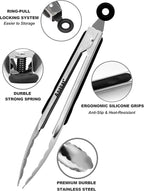 Anaeat Premium Stainless Steel Kitchen Tong Set of 2 - Sturdy Coiled Spring 9" and 12" Locking Food Tong with Non-Slip Silicone Grip for Cooking, Baking, Grilling, BBQ - Heat Resistant up to 480°F