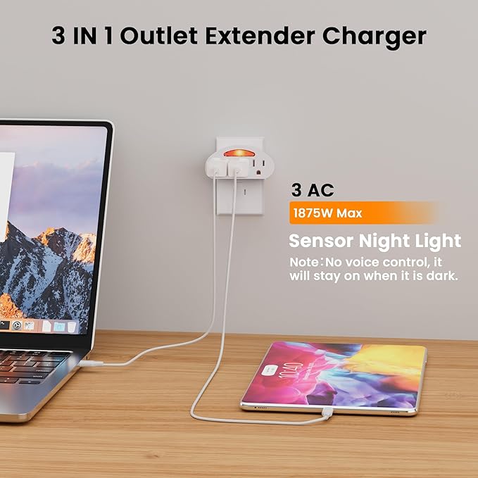 3-Outlet Extender, 3-Prong Grounded Wall Tap Adapter with LED Guide Light, 1875W ETL Listed Multiple Plug Electrical Outlets Splitter for Home, Office, Hotel, Travel, Cruise Essentials, White