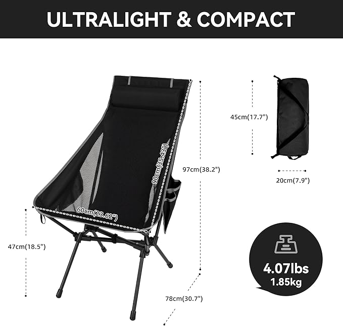 Portable High Back Camping Chair, Support Heavy Duty 440 lbs, Lightweight Folding Chair with Adjustable Pillow for Hiking, Beach, Backpacking