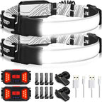 Adelante LED Headlamp Flashlight, 1000LM 230Wide-Beam USB Rechargeable Head Light with Taillight(Individual Control) & 8 Clips Waterproof Headlight Headlamps for Running and Camping (2 Pack, Black)