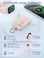 RORRY CharmGo Portable Charger, 10000mAh 20W Fast Charging Portable Charger Power Bank with Built in Cables, Travel Battery Pack for iPhone 17/16/15/14/13/12 and Apple Watch, Mom-Pink