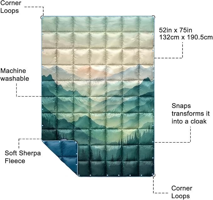 zzlamb Camping Blanket, Outdoor Lightweight Travel Blanket Puffy Portable Down Alternative, Windproof Warm Cloak with Snaps, Cozy Quilt Backpacking Picnic RV Plane Car Hammock Beach Climbing
