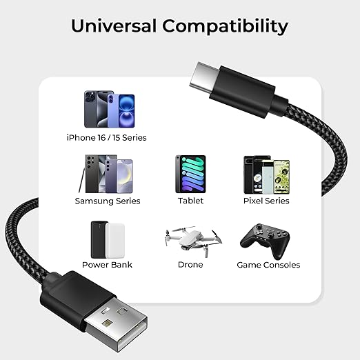 Basesailor for iPhone 17 16 Pro Max Charger Cord,USB to USB C Cable,Type C Charging Power Cord for Apple 17e 15 iPad 10 Air 4 5,Samsung Galaxy S26 S25 S24 S23,Black,3Pack 3.3/6.6/10FT(1/2/3M)