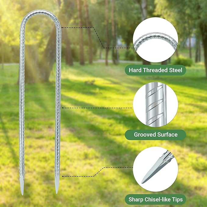 12 INCH 12 Pack Trampoline Stakes, U Shaped Ground Anchors Wind Stakes, Heavy Duty Trampoline Parts, Steel Stakes for Trampolines, Outdoor Canopies, Camping Tents and Football Goals, Silver