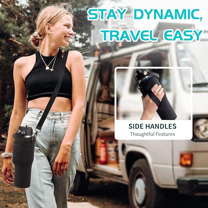 32 oz Water Bottles with Straw & Spout Lid - Keep Cold 48h & Hot 24h Vacuum Slim Metal Insulated Flask Fits in The Car, Bike, Treadmill, Stroller, Golf Cart Cup Holder, Travel Coffee Mug