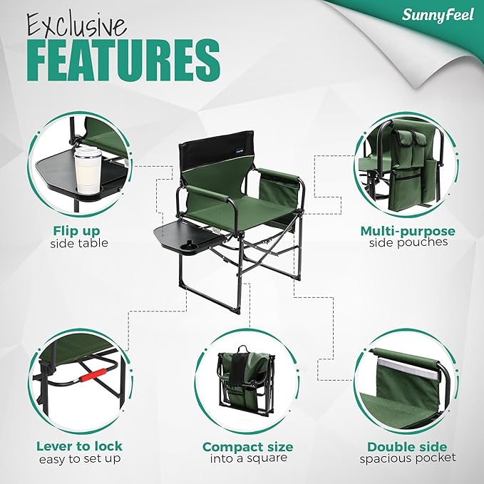 SUNNYFEEL Camping Directors Chair, Heavy Duty,Oversized Portable Folding Chair with Side Table, Pocket for Beach, Fishing,Trip,Picnic,Lawn,Concert Outdoor Foldable Camp Chairs