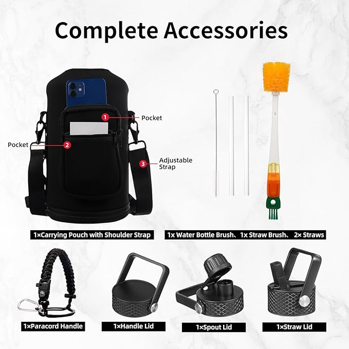 Insulated Water Bottle 128oz,Triple Wall Vacuum Stainless Steel(Dishwasher Safe),Leak Proof & Non-BPA,Flask Jug with Paracord Handle & Straw Spout Lids Sports Gradient black