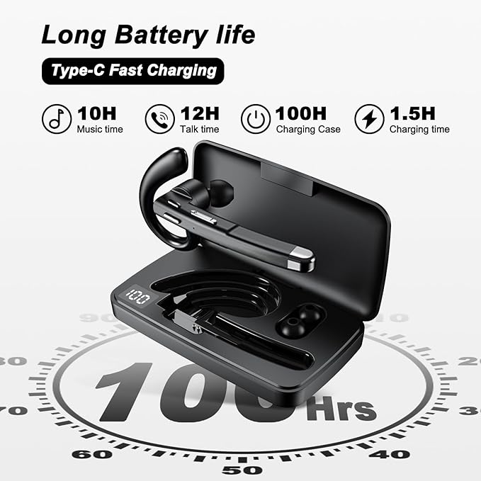 Bluetooth Headset, 100Hrs Talk Time Dual Noise Cancellation Wireless Earpiece, V5.4 Built-in Mic & Mute Button 270° Rotatable Hands Free Headphones with 500mAh Charging Case for Business/Driving
