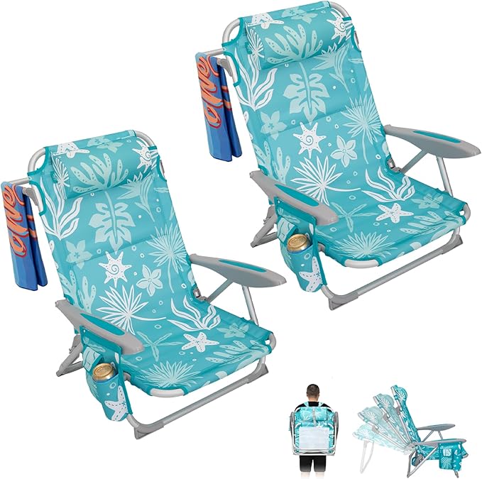 #WEJOY Folding Beach Chair for Adults, 4-Position Aluminum Lightweight Beach Chair, Low Sands Chairs with Shoulder Strap, Cup Holder and Padded Headrest, Supports 265lbs for Lawn