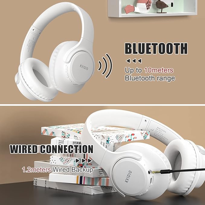 KVIDIO Bluetooth Headphones Over Ear, 65 Hours Playtime Wireless Headphones with Microphone, Foldable Lightweight Headset with Deep Bass, HiFi Stereo Sound Low Latency for Laptop PC Cellphone