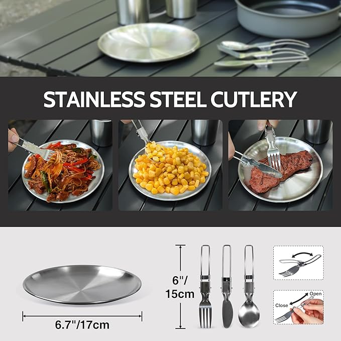 REDCAMP 6/10/11/12/14/15/19 PCS Camping Cookware Mess Kit Camping Gear Campfire Utensils Lightweight Stackable Pot Pan Bowls Soup Spoon with Storage Bag for Camping, Backpacking, Outdoor Cooking