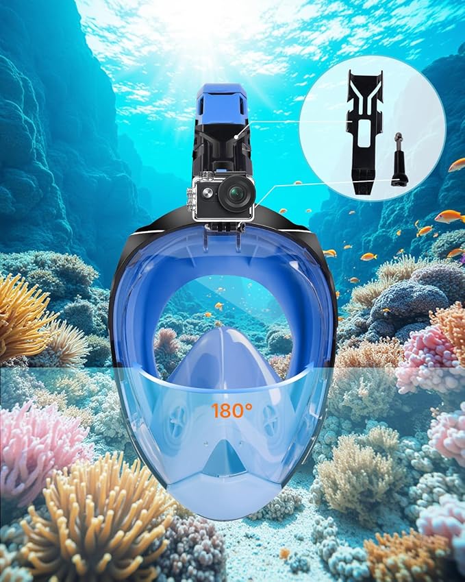Full Face Snorkel Mask for Adults with Dry Top System 180 Degree Panoramic View Snorkeling Gear with Camera Mount Safe Breathing Anti-Leak Anti-Fog
