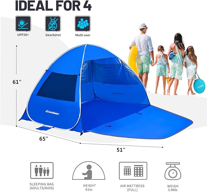 Pop Up Beach Tent for 4 Person with UPF 50+ Protection，Automatic Easy Setup Waterproof Beach Shade，Lightweight and Portable Beach Tent Sun Shelter - Dark Blue