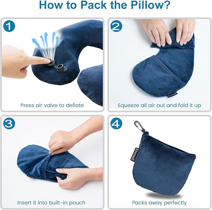 Travel Neck Pillow for Airplane, Compact Inflatable Neck Pillow for Traveling Long Flights, Adjust Firmness Neck Suport Pillow for Sleeping Plane Head Rest for Travel Accessories,Deep Blue