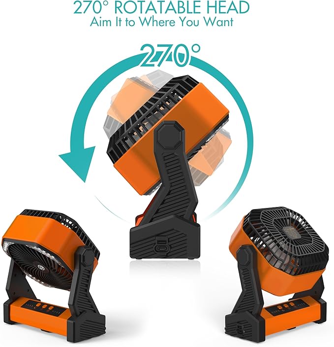 PANERGY Portable Camping Fan with Light, 20000mAh Rechargeable Battery Operated Outdoor Fan, 4 Speeds, 270° Pivoting & 360°Foldable Hook for Camping/Beach/Patio