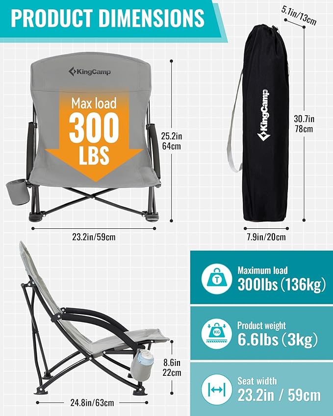 KingCamp Low Beach Chairs, Portable Folding Chair for Adults Extra Wide Ergonomic High Back Seat 300lbs Heavy Duty Lightweight Oversized Gear with Carry Bag for Outdoor Lawn Camping Picnic