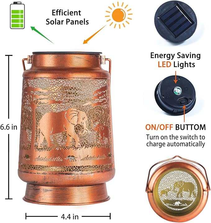 2 Pack Elephant Outdoor Solar Hanging Lanterns Waterproof LED Solar Lights Metal Decorative Lanterns for Garden, Patio, Courtyard, Backyard, Yard Decor Unique Elephant Gifts for Women Gardening