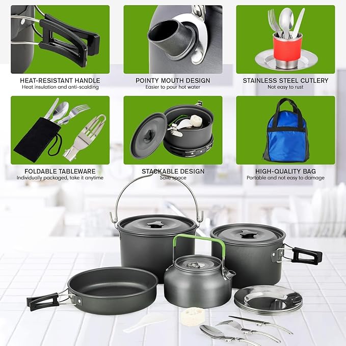 MEETSUN Camping Cookware Set - 37 PCs, Large Size Hanging Pot with Camping Pots and Pans, Camp Cooking Set for 6 People, Mess Kit with Cups, Dishes, Forks, Spoons, Knives for Outdoor Picnic