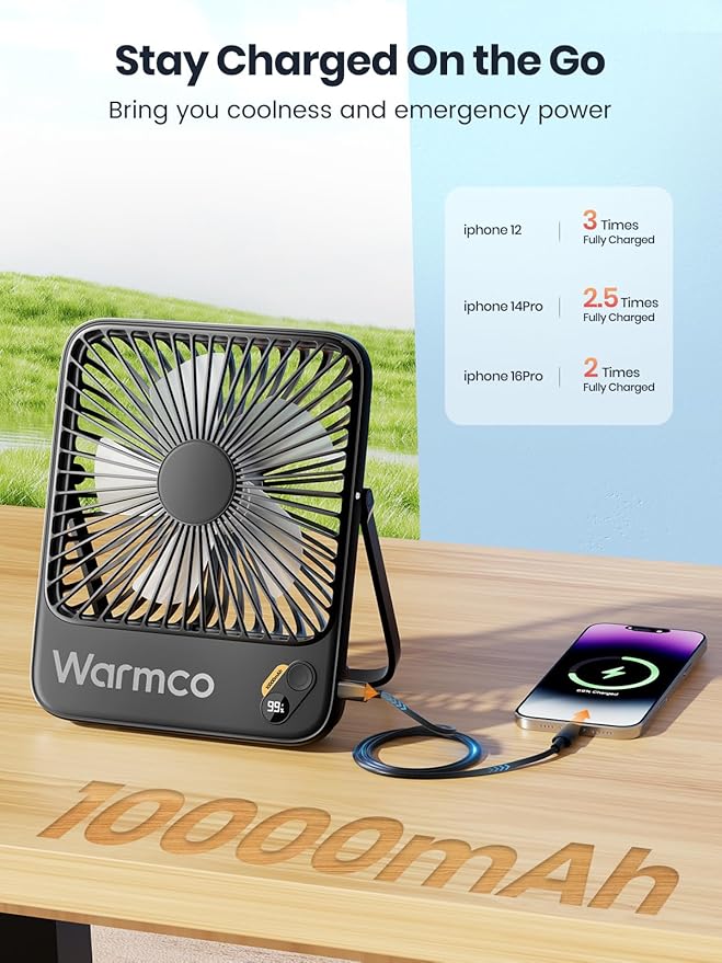 Warmco 10000mAh Portable Travel Fan 7-inch, [10-24H Runtime] Ultra-thin Digital Display Small Desk Battery Operated Fan for Camping, Office, Bedroom, Cruise Essentials 2025