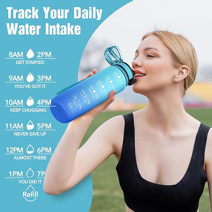 OLDLEY Water Bottle, 32oz Motivational Sports Water Bottle with Time Marker - Times to Drink - Tritan, BPA Free, Wide Mouth Leakproof, Sky (1 Bottle)