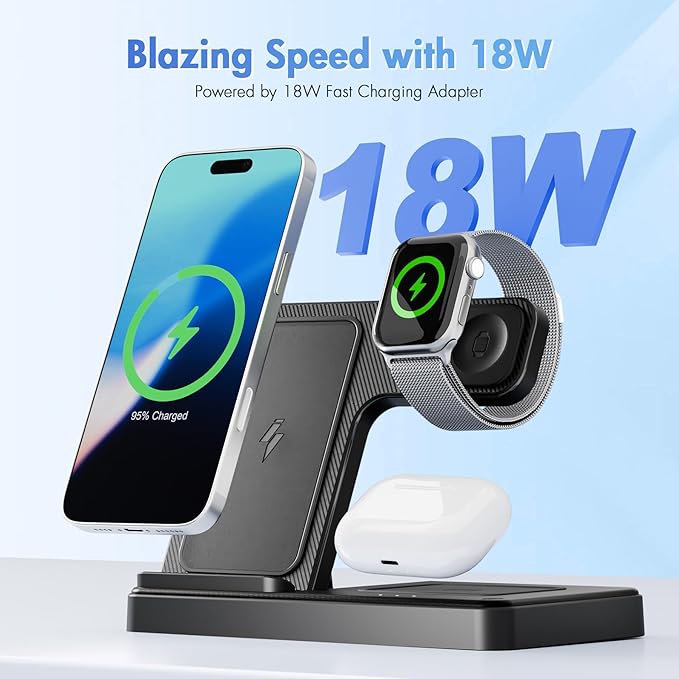 Wireless Charging Station for Apple Devices: 3 in 1 Foldable Qi Compact Case-Friendly Charger Stand for iPhone 17-12 & Apple Watch & AirPods Charging Dock for Travel Home Office Desk Nightstand(Black)